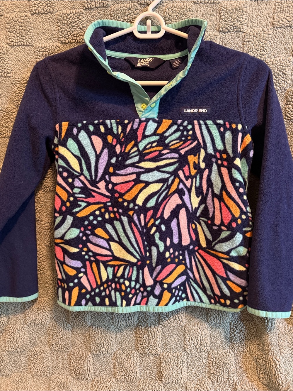 Girls Lands' End Navy Pullover with Multicolor Floral Print and Mint Trim